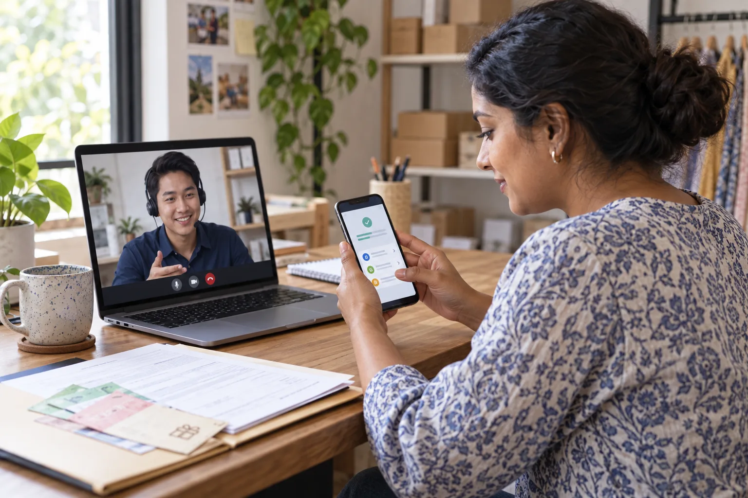 A client checks service level and monthly document status in a phone portal.