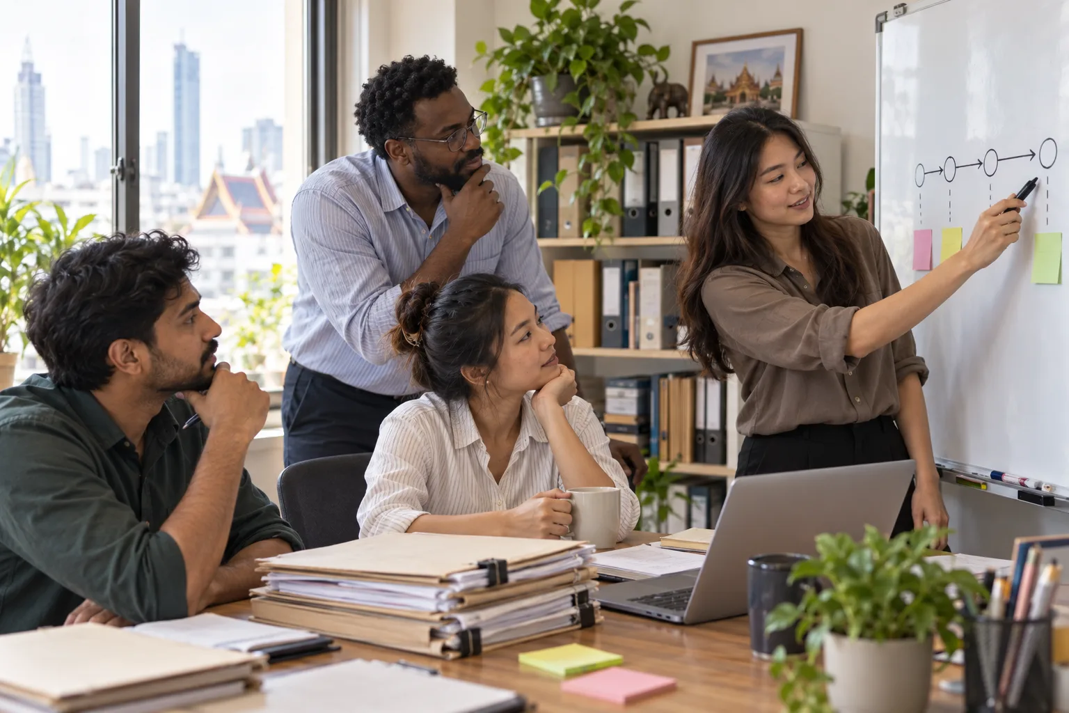 The accounting team reviews its staged digital workflow in front of a whiteboard.