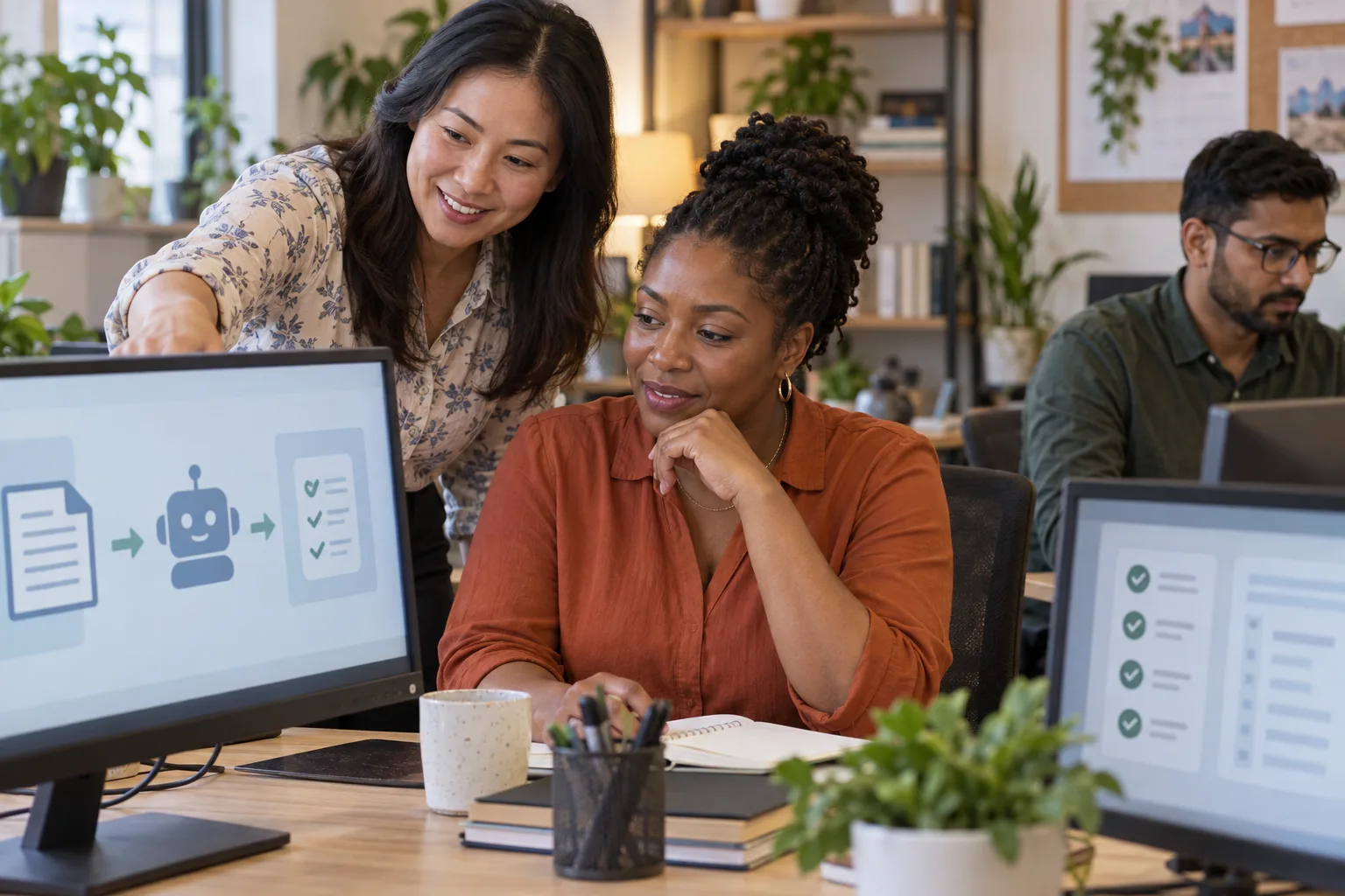 A supervisor introduces an automation tool to a colleague at work.