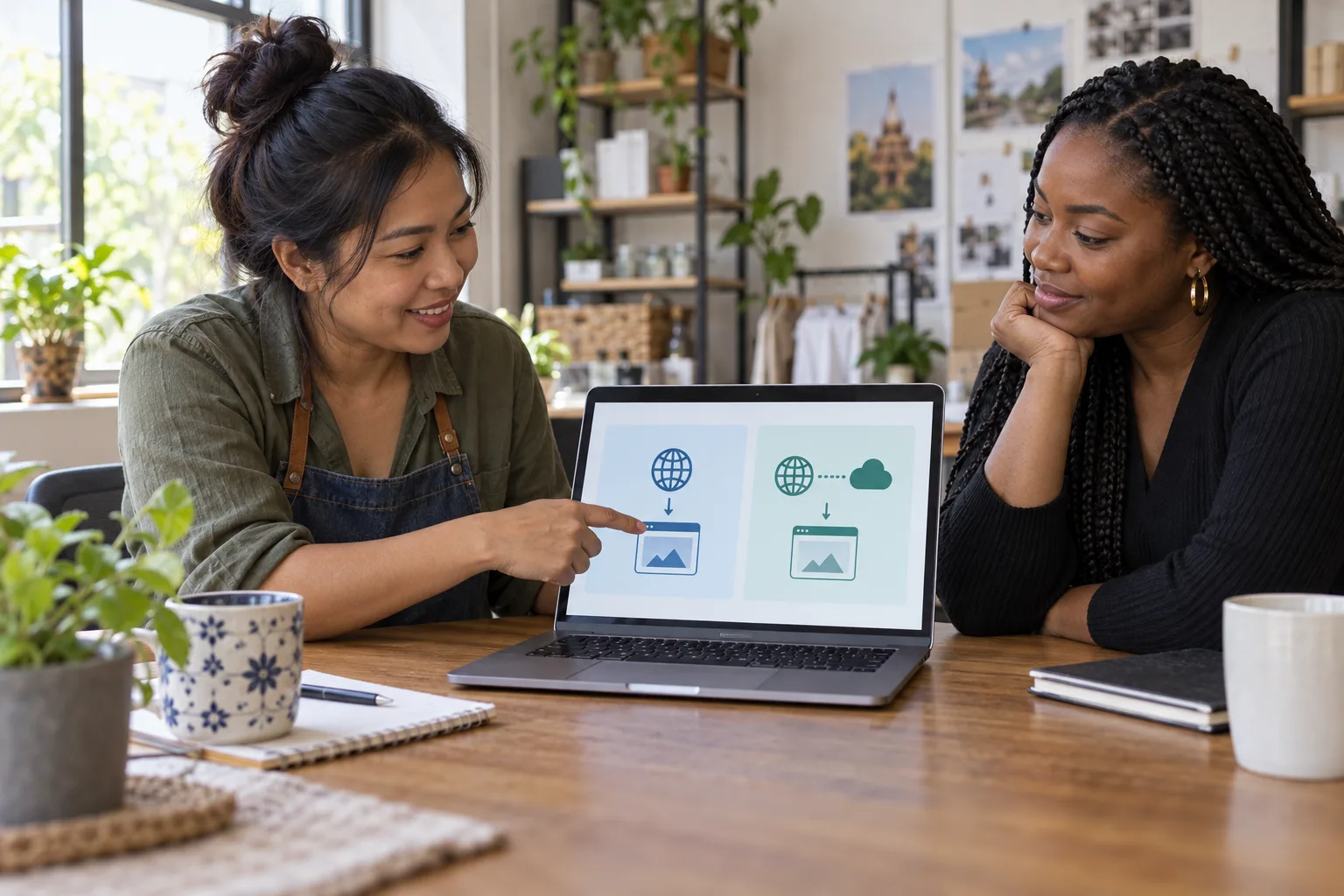 A business owner and advisor compare two domain connection options on a laptop.