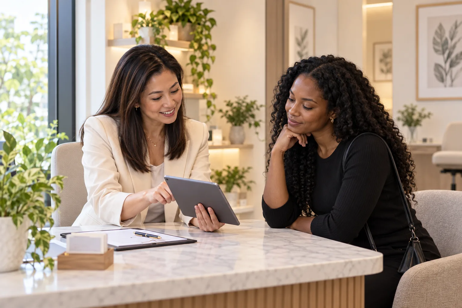 A clinic owner explains a consultation request on a tablet to a prospective client.
