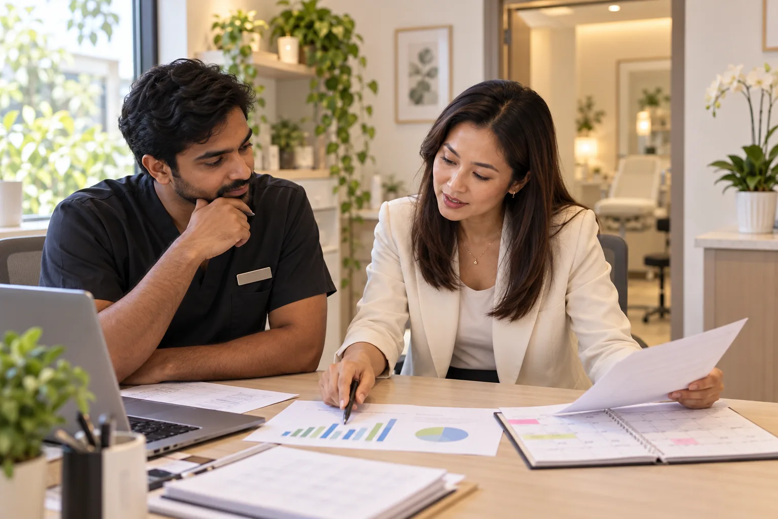 A clinic owner and receptionist review booking data and a paper calendar.