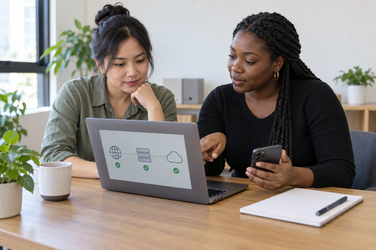 A business owner and support specialist calmly investigate a domain connection issue.