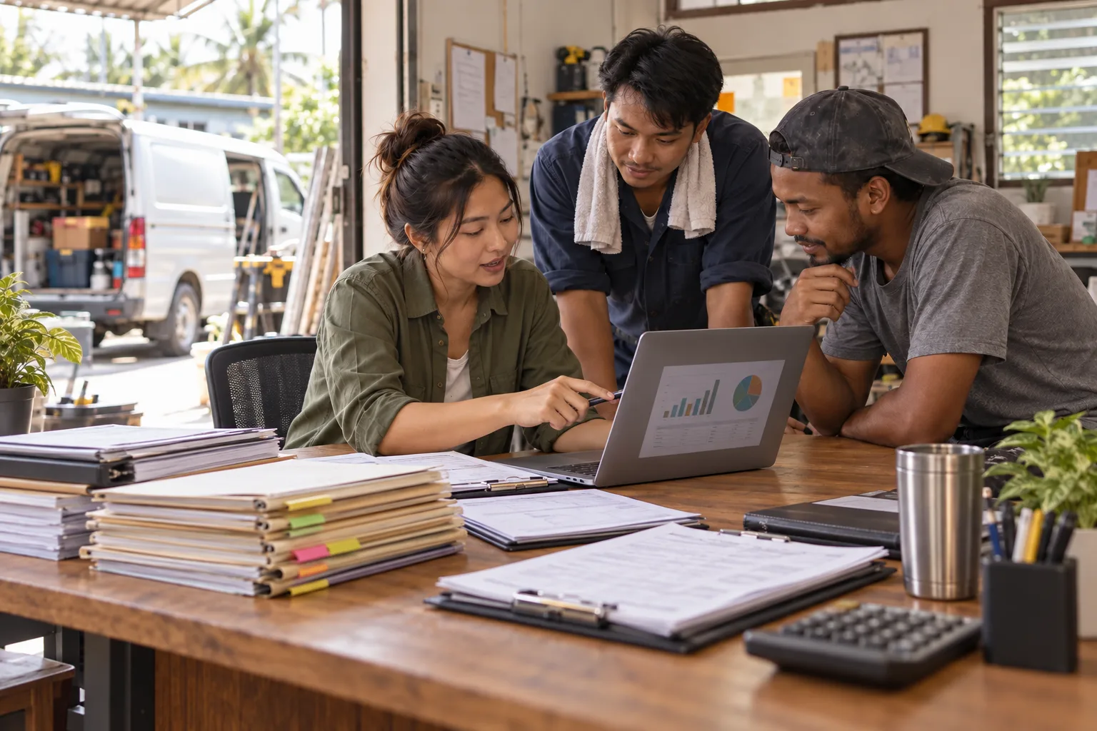 The company owner and technicians review simple job and repeat-customer charts.
