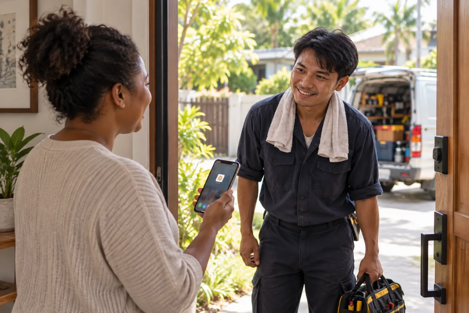 A returning customer uses a phone shortcut to reach a local repair technician again.