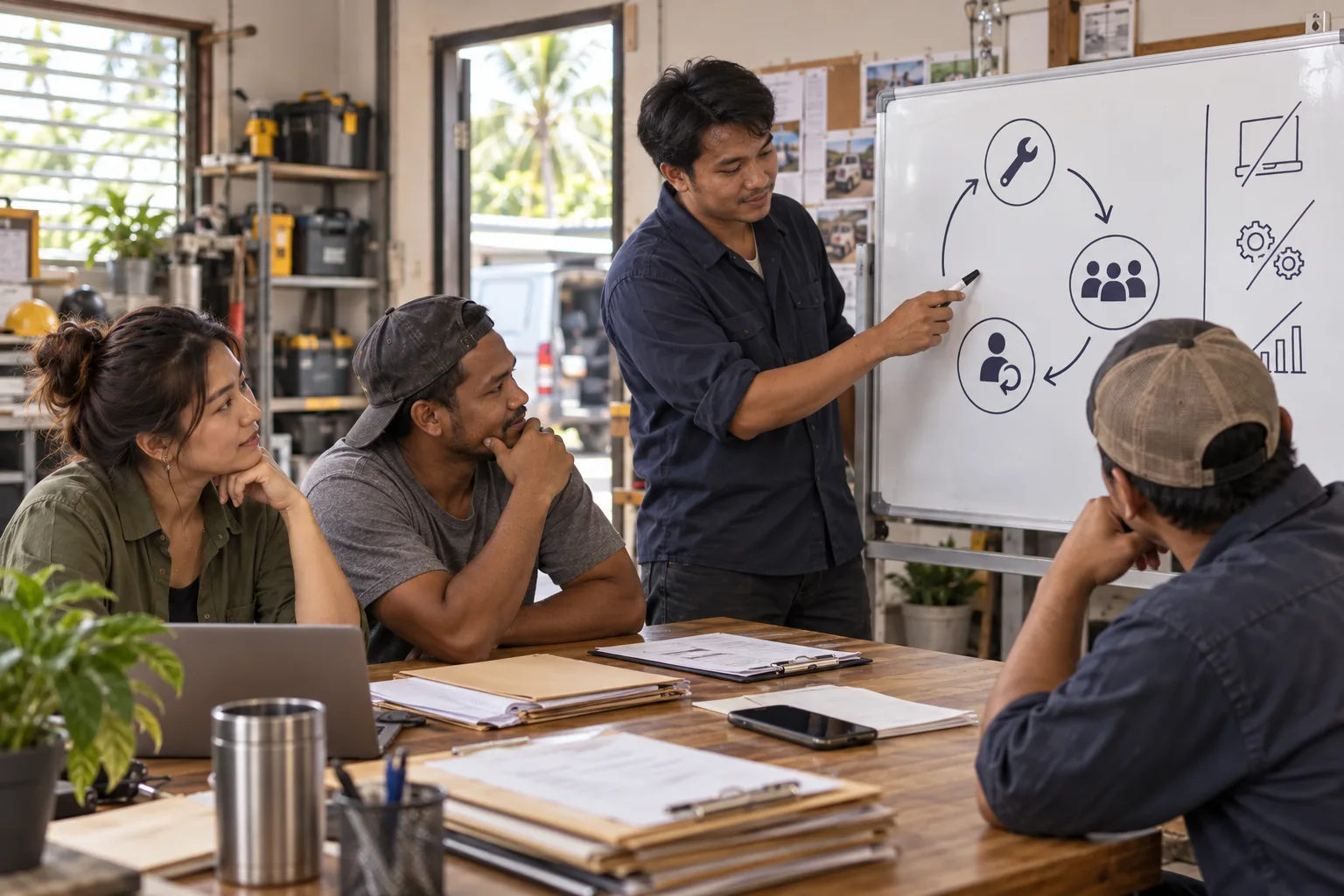 Repair-company staff review their service, feedback and repeat-customer cycle.