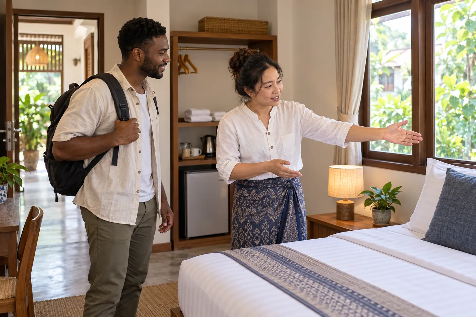 A hotel owner shows a traveler a clean guest room before they decide how to book.