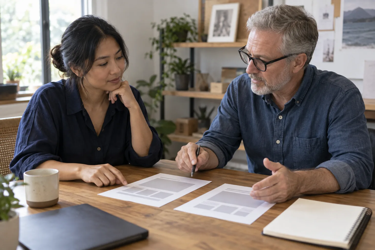 A small-business owner and consultant comparing two simple website layout options.