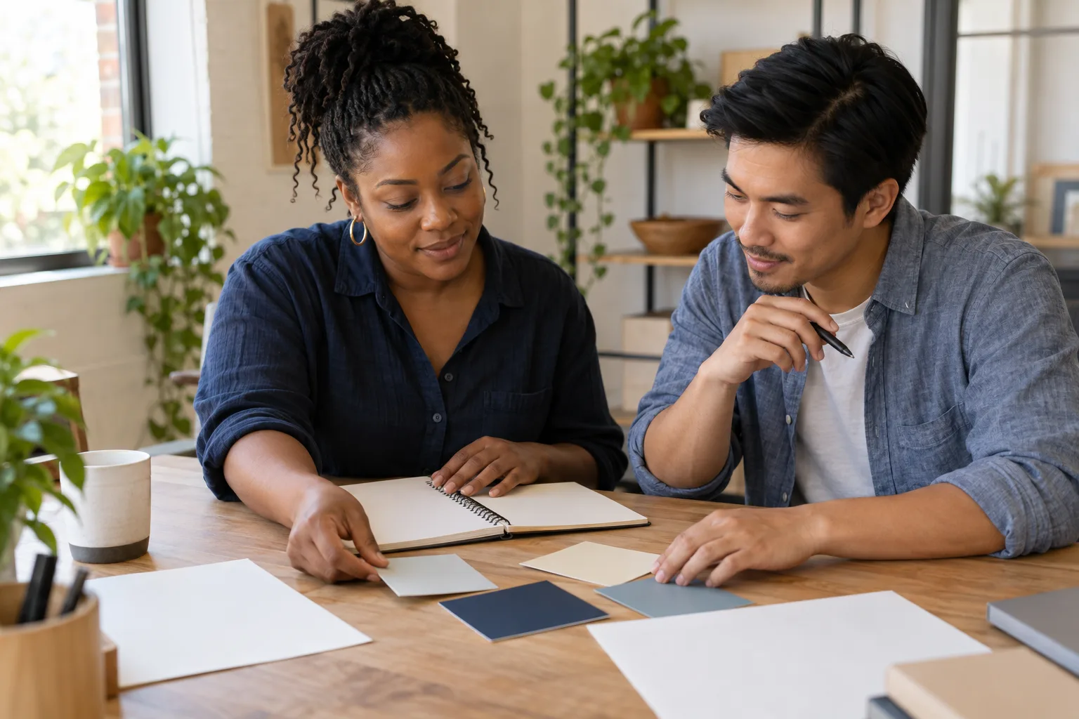 A small-business owner and colleague reviewing blank brand swatches and planning materials.