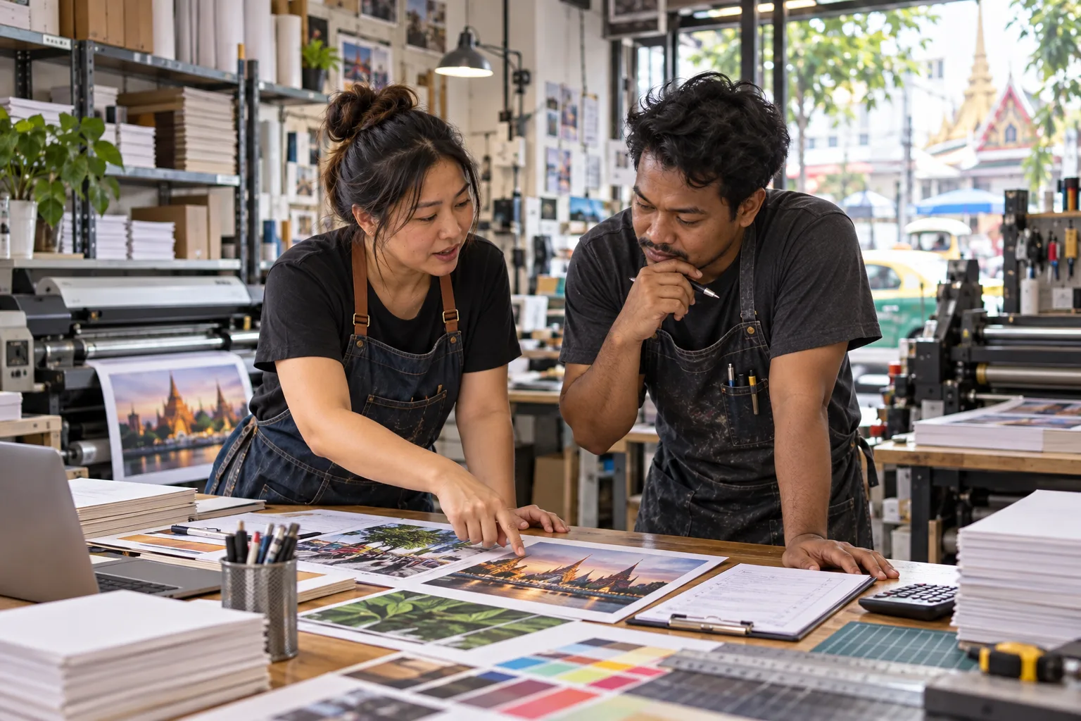 The shop owner and production lead discuss the next operating step among current print tools.