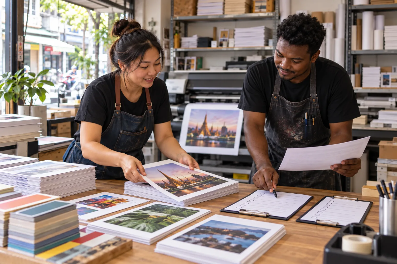 Two print operators coordinate finished sheets and shop-floor work lists.