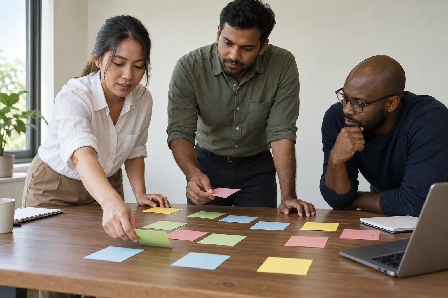 A small-business team arranges improvement options by urgency and readiness.