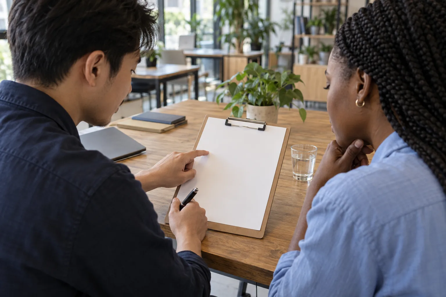 Two colleagues reviewing a blank project checklist together at an office table.
