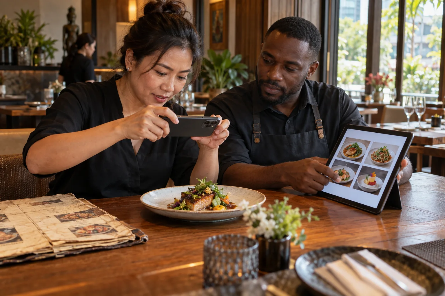 Restaurant staff photograph a dish for the digital menu beside a worn paper menu.