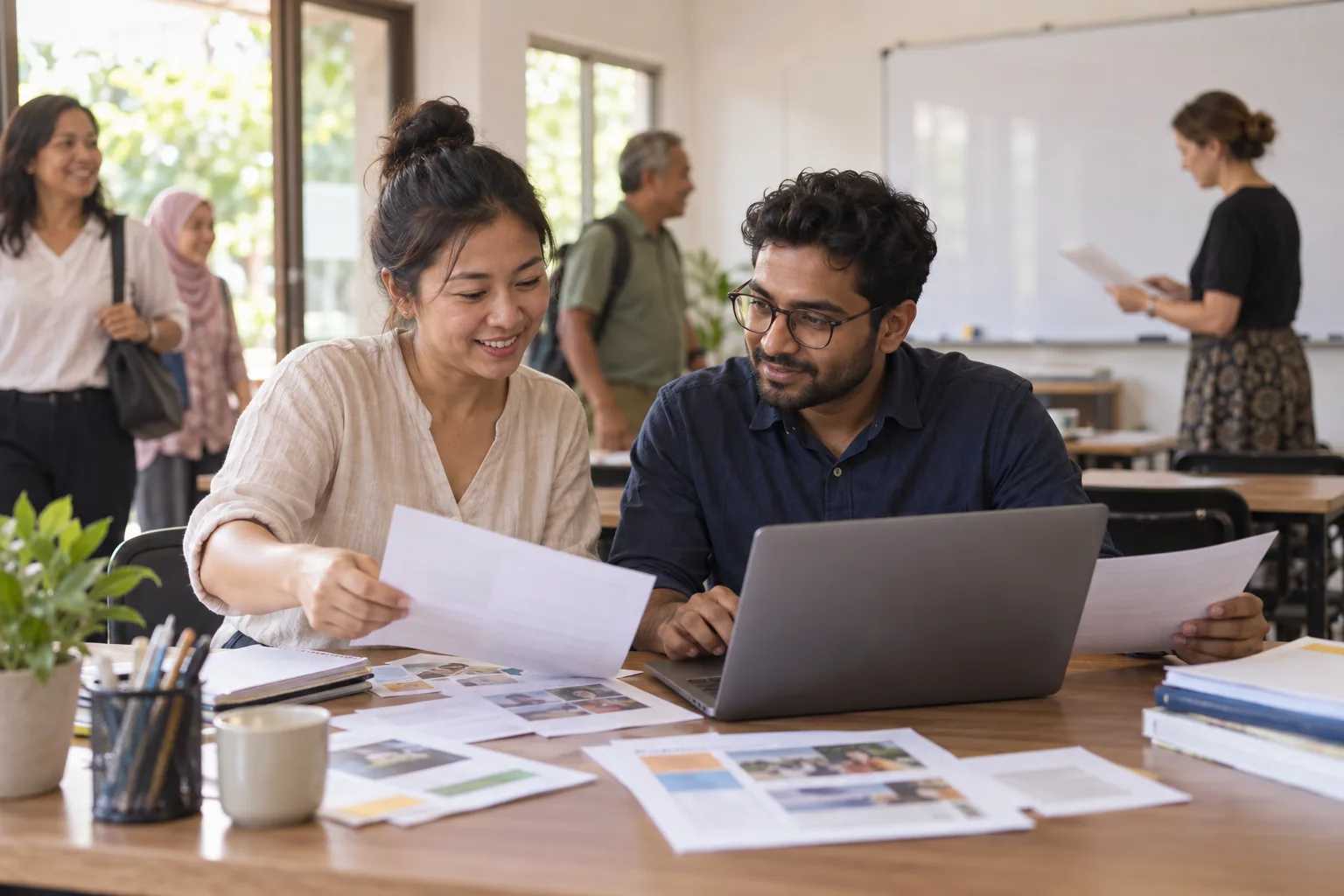 The training-center founder and coordinator organize course information for a shared website.