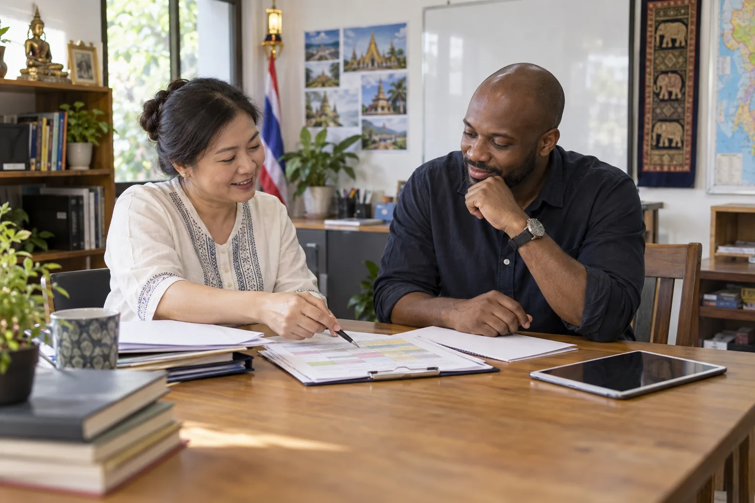 The school owner and an instructor review course information before investing in a learner portal or AI.