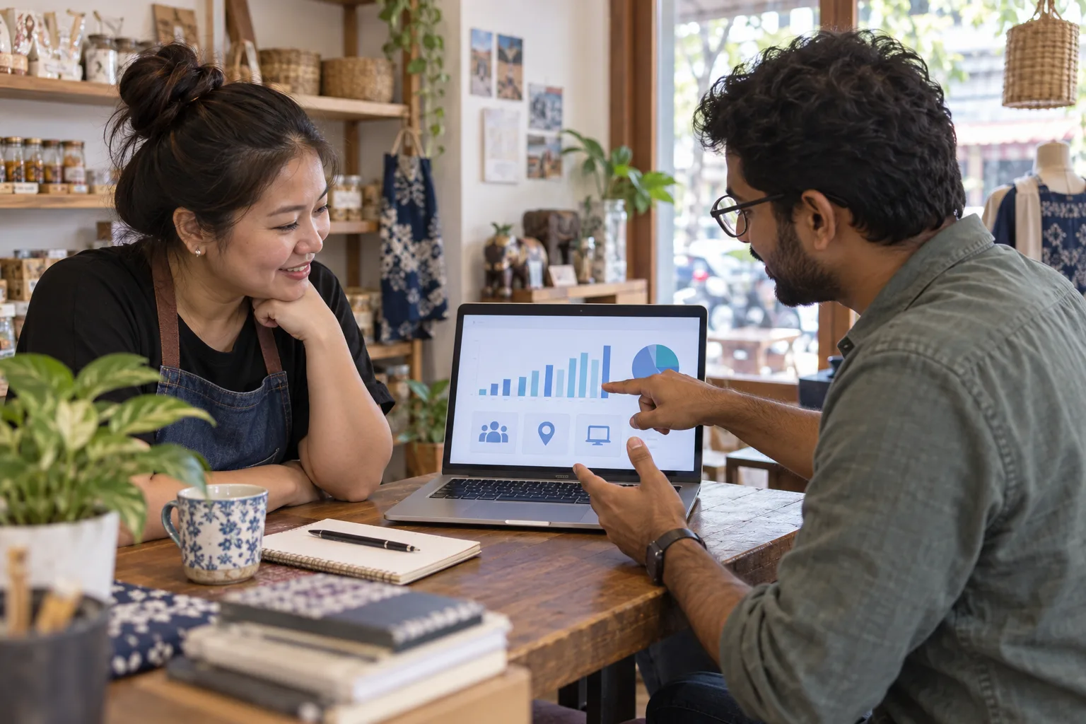 A shop owner and web advisor review a simple site analytics dashboard after launch.