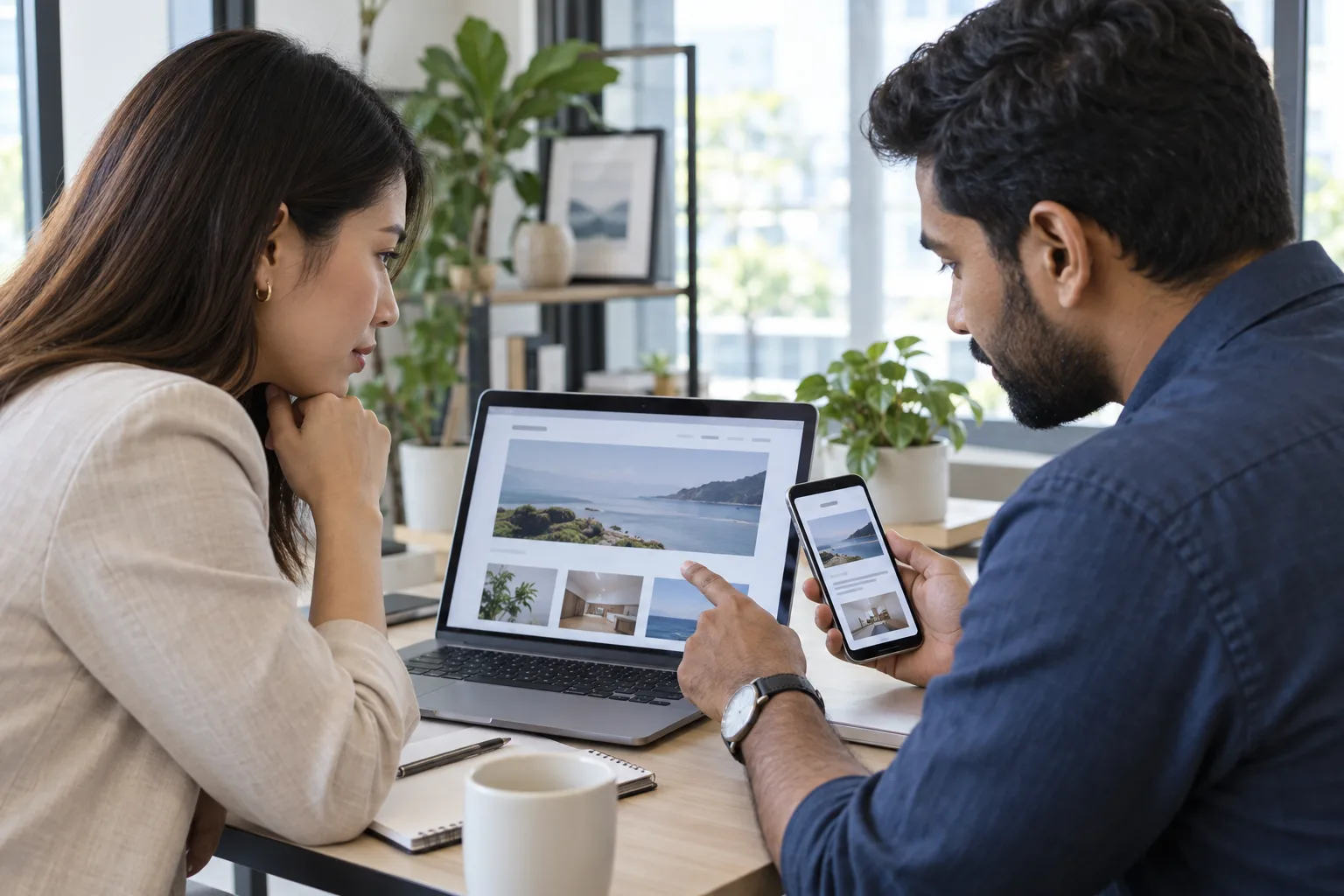 A business owner and consultant check a website on a laptop and phone after a DNS update.