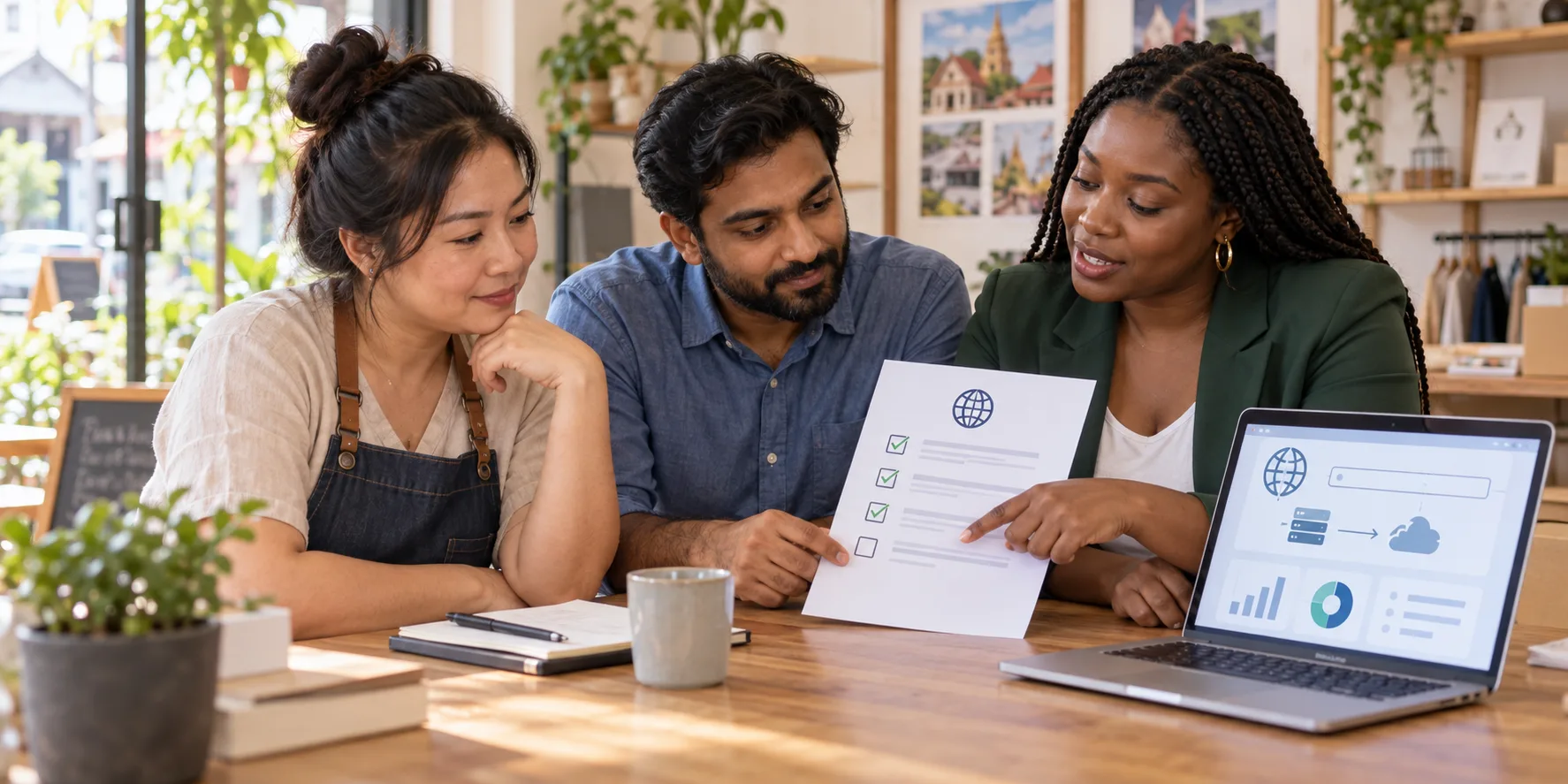 A business owner and web advisors review a domain connection checklist together.