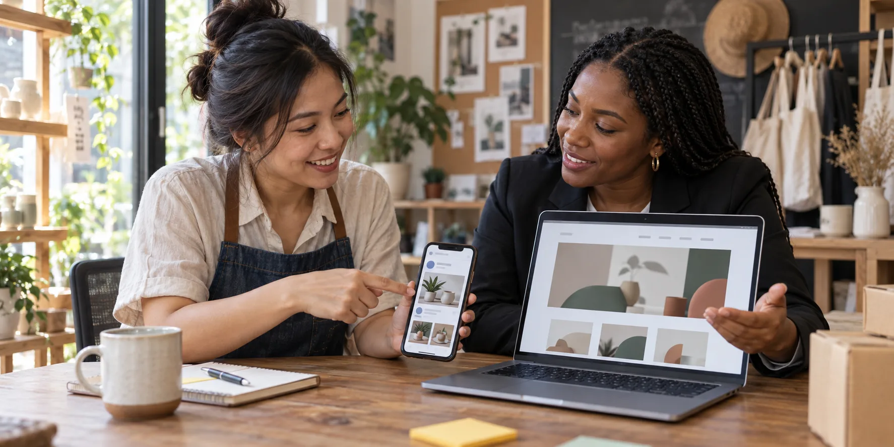 A small-business owner and digital advisor compare a social channel with the business website.