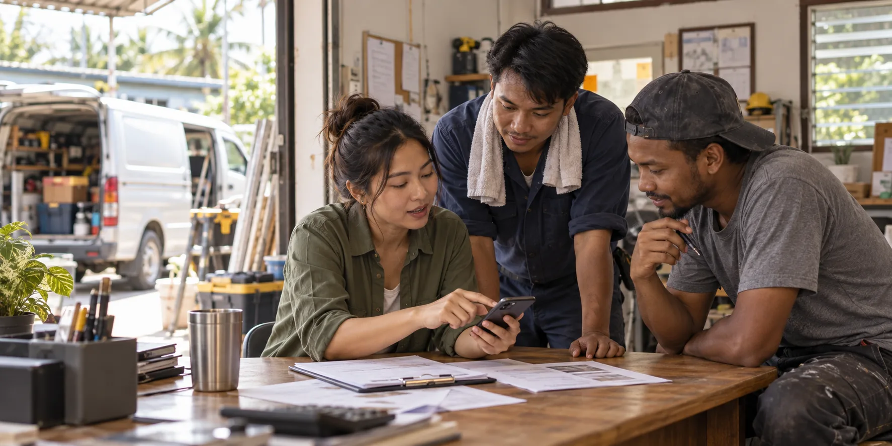 A local repair-company team reviews a customer request in its workshop office.