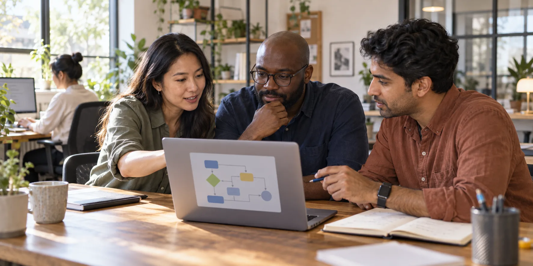 A small-business team reviews a work process before automating it.