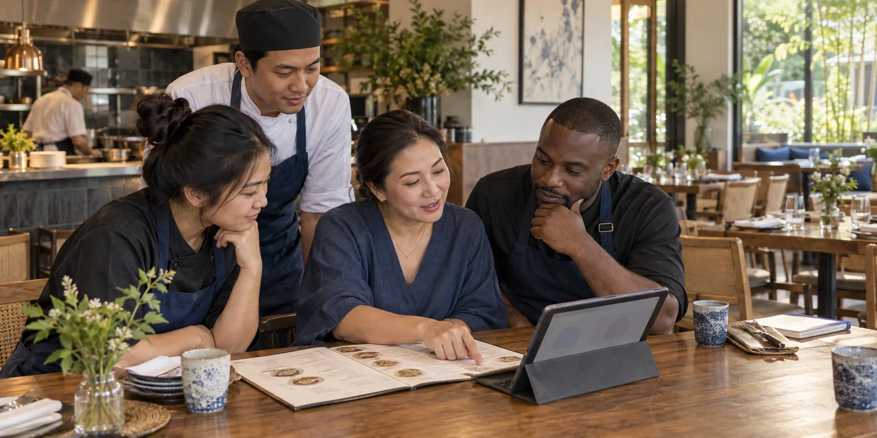 A restaurant owner and staff review a sample menu and digital service ideas together.