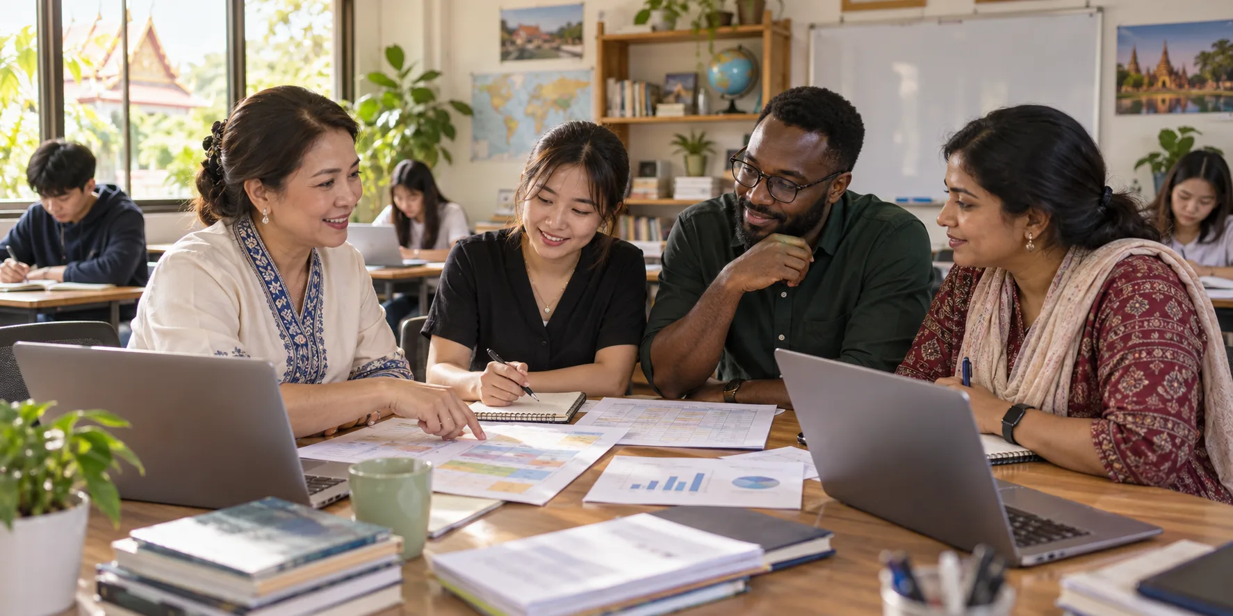 A training-center owner and staff review course schedules and enrollment information together.